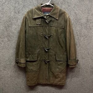 Vintage Burberry Suede Leather Duffle Toggle Coat Olive Green‎ Jacket Womens